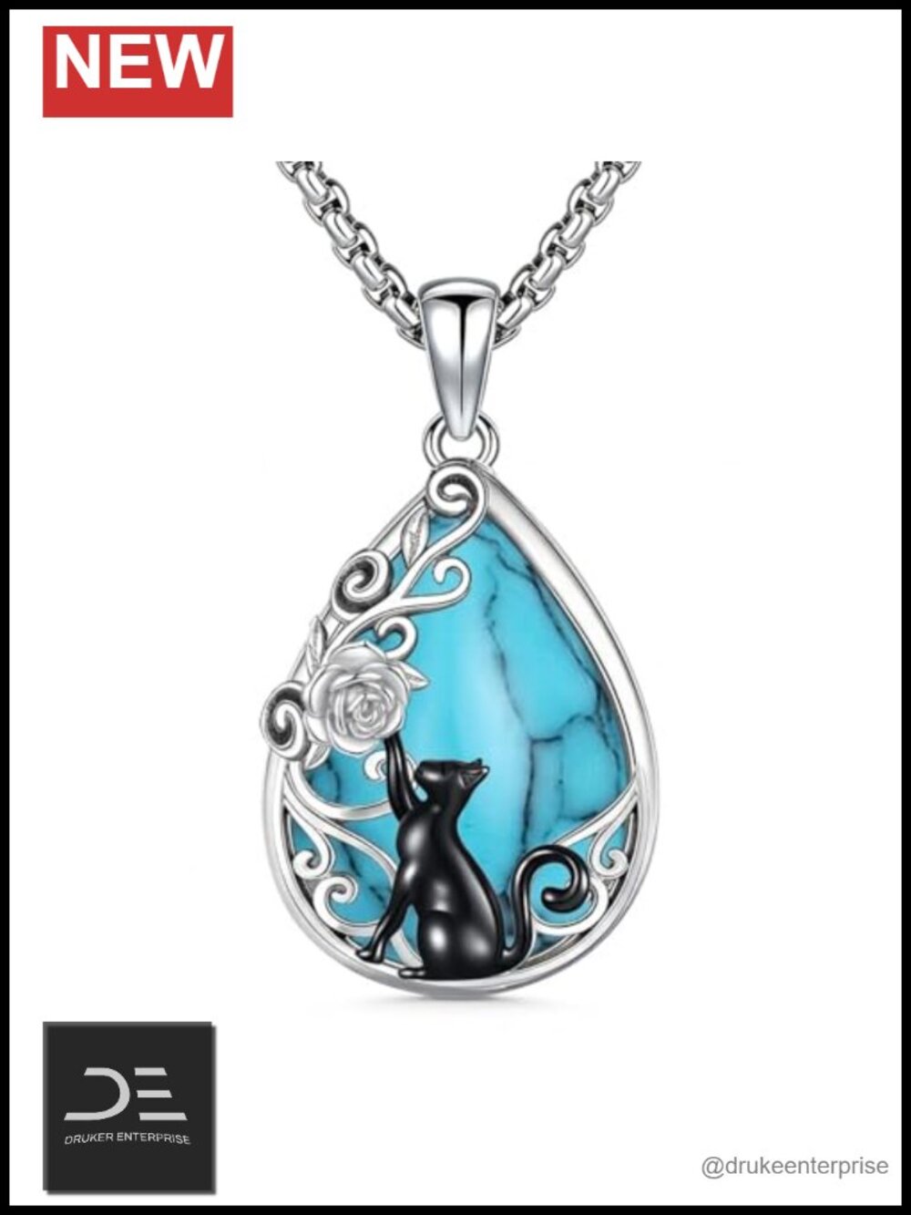 Sterling Silver Turquoise Teardrop Pendant Necklace Filigree Cat Vintage